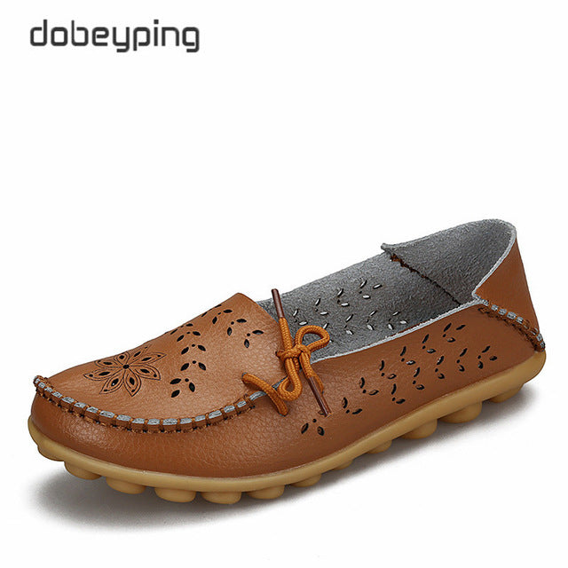 Women's Casual Shoes Genuine Leather Woman Loafers Slip-On Flats Moccasins Ladies Driving Shoe Cut-Outs Mother Footwear