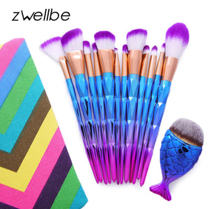 12Pcs Diamond Shaped Makeup Brush Set+Big Fish Tail Foundation Powder Eyeshadow Make up Rainbow Contour Blending Cosmetic Brush
